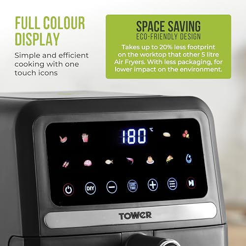 Tower T17186 Vortx Digital Air Fryer with Digital Colour Display, 11 Pre-set Cooking Options, Space Saving Design, 1500W, 5L, Black - Image 3