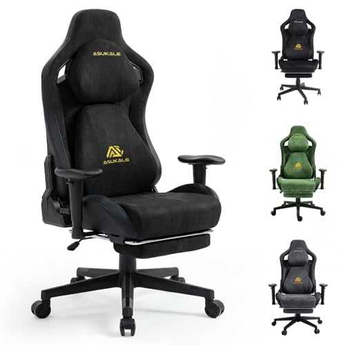 Asukale Gaming Stuhl, Atmungsaktiver Bürostuhl Ergonomisch, Wildlederimitat Gaming Chair, PC-Stuhl, Verstellbarer und Drehbarer Schreibtischstuhl mit Fußstütze, Kopfstütze und Lendenkissen, Grün