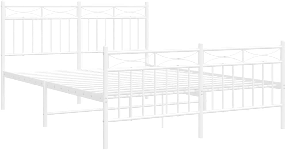 White Powder-Coated Steel Bed Frame Full Size with Headboard and Footboard, Durable Heavy-Duty Platform Foundation, Sturdy Slatted Design for Bedroom Mattress Support and Storage