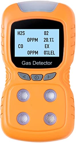 Portable 4 Gas Monitor Combustible Gas Detector Oxygen/Hydrogen Sulfide/Explosive Gas/Co Detector Professional Tester Analyzer Sniffer Meter: H2S, O2, CO, EX (Orange)