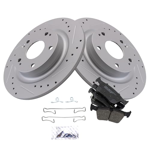 Image of TRQ Performance Rear Brake Pad and Rotor Set Ceramic Coated Drilled Slotted Rotors Compatible with 2017-2020 Honda Civic