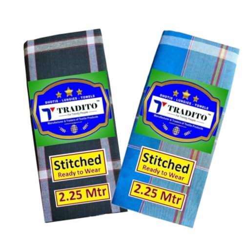 Men's Stitched Cotton Lungis – Pack of 2 Combo | 2.25 Meters Each...