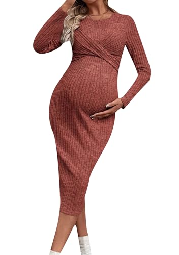 BOFETA Maternity Plus Size Fashion Dress Crew Neck Lightweight Midi Dresses Fall Baby Shower Blouse Dress Wine Red XS