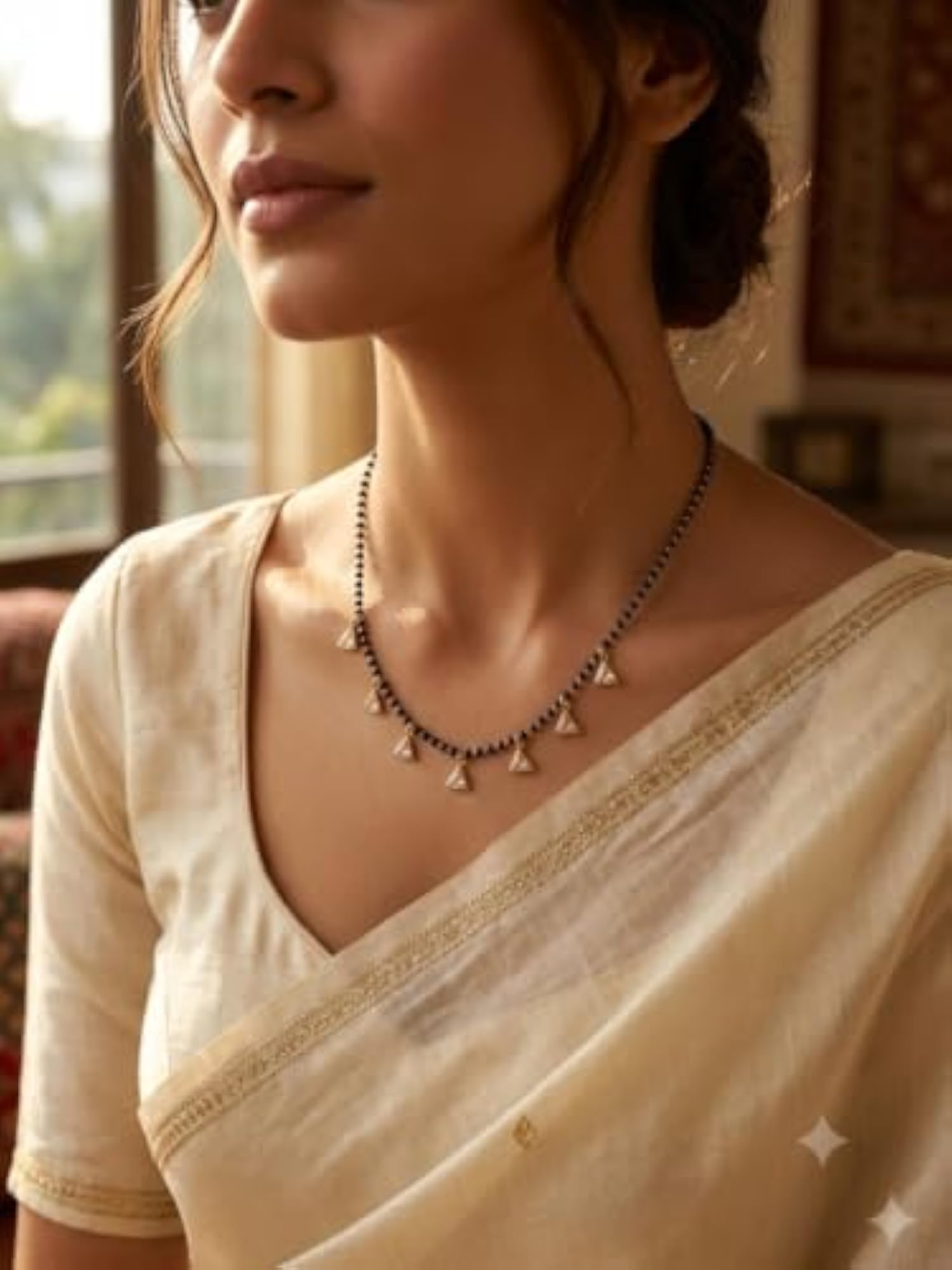 Women's Gold Plated Black Beads Mangalsutra with Triangle Zircon