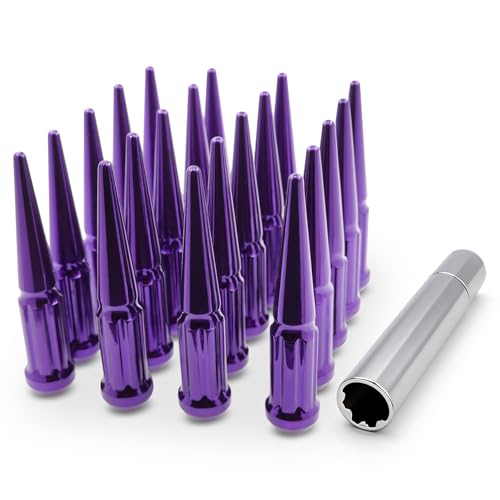 Image of EZAccessory 14x1.5 Spline Spike Lug Nuts 24 Pieces Purple with Key Bulge Acorn Lug Nut for Chevy Silverado GMC Sierra 1500 2500 3500