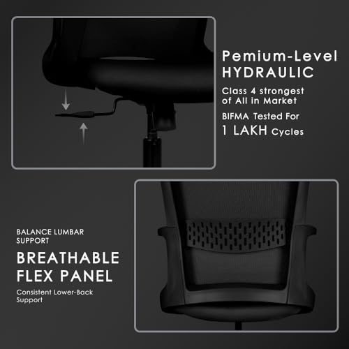 Image of Varaha Neer BIS Certified Office Chair | 5 Year Warranty| Curved Armrest & Smart Tilt Locking System|Dynamic Lumber Comfort & Class 4 Hydraulic Gas Lift Cylinder|Gaming Desk Chair for HOM|Black