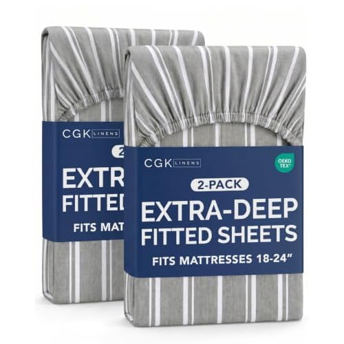 CGK Linens 2 Pack Extra Deep Cal King Fitted Sheets - Grey Stripes
