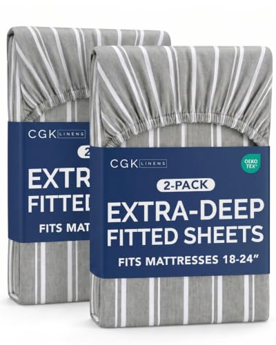 Image of CGK Linens 2 Pack Extra Deep Full Fitted Sheets - Grey Stripes