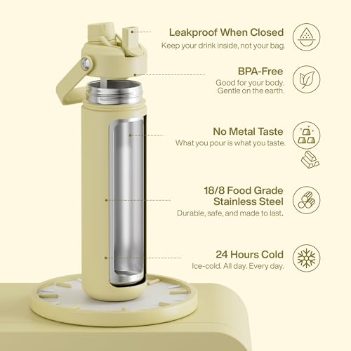 Image of ENCOOL Insulated Water Bottle with Straw Stainless Steel Water Bottle, Leak-Proof, BPA-Free, Double Wall Vacuum Keeps Cold for 24 Hours for Sports, Travel, School (26 oz, Light Vanilla)