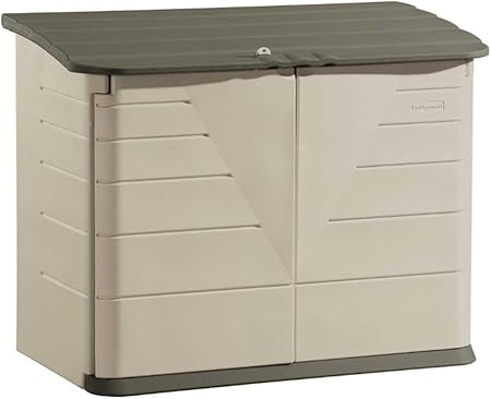 Rubbermaid Large Horizontal Resin Outdoor Storage Shed With Floor (5 x 4 Ft) Weather Resistant, Beige/Brown, Organization for Home/Backyard/Pool Chemicals/Toys/Garden Tools/Porch/Patio Cushions
