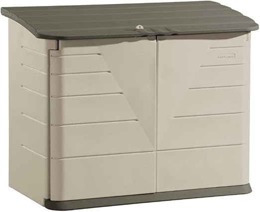 Rubbermaid Large Horizontal Resin Outdoor Storage Shed With Floor (5 x 4 Ft) Weather Resistant, Beige/Brown, Organization for Home/Backyard/Pool Chemicals/Toys/Garden Tools/Porch/Patio Cushions