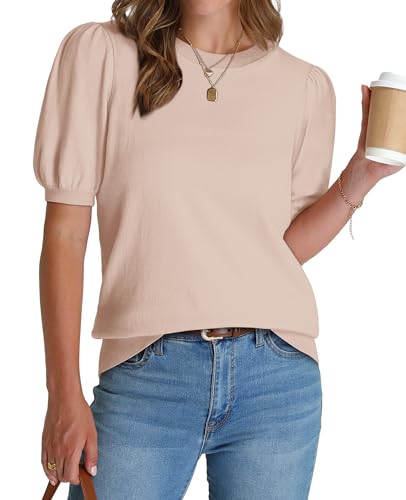 Puff Sleeve Sweaters for Women Business Casual Outfits Knitted Work Short Sleeve T Shirts Office Teachers Ladies Blouses Spring Summer Tops 2025 Trendy Plus Size Loose Early Fall Fashion Apricot XL