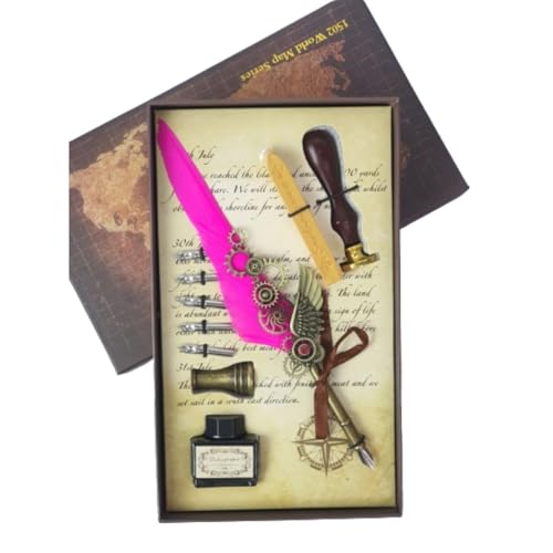 Kit Caneta Tinteiro Pena Engrenagem Rosa Com Carimbo
