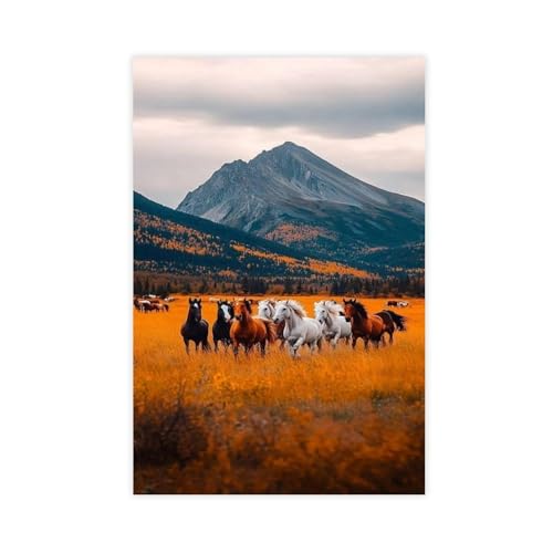 Toile montagne abstraite et chevaux au galop pour habiller un grand mur blanc de salon