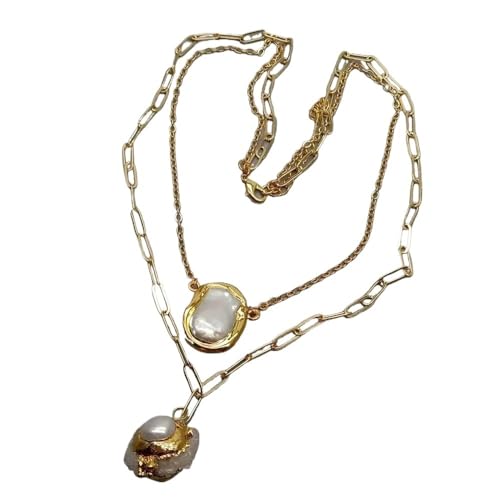 UYCUODLUY White Quartzs Druzy Charm Pendant Cultured White Pearl gold color plated Chain Layers statement Necklace 17.5"