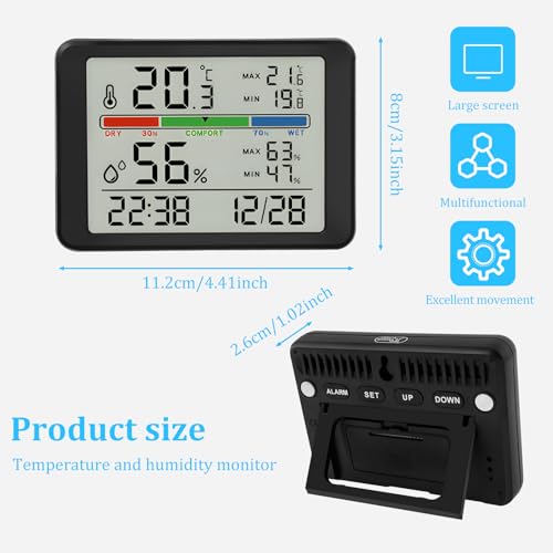 Indoor Digital Thermometer Hygrometer, LCD Display Room Temperature and Humidity Monitor with Alarm Clock, Magnetic Desktop Humidity Gauge Sensor for Home, Baby Nursery, Greenhouse, Office