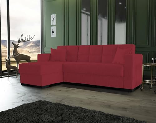 Divano Letto con penisola Fernando, Divano ad Angolo Reversibile, Sofà Contenitore da Soggiorno con Chaise Longue e 2 Cuscini, 230x150h81 cm, Rosso