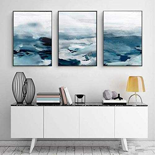Toile nordique bleu abstrait affiche murale paysage poétique pour salon triptyque 50x70