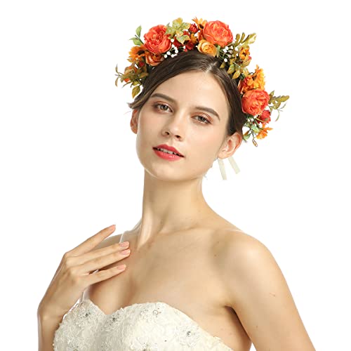 Ever Fairy Women Flower Wreath Crown Floral Wedding Garland Headband (Orange)