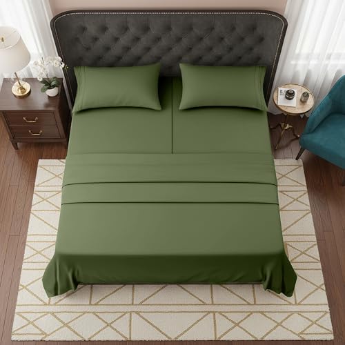Image of Elegant Comfort Luxurious 1500 Premium Hotel Quality Microfiber Three Line Embroidered Softest 5-Piece Bed Sheet Set, Wrinkle and Fade Resistant, Split King, Sage-Green