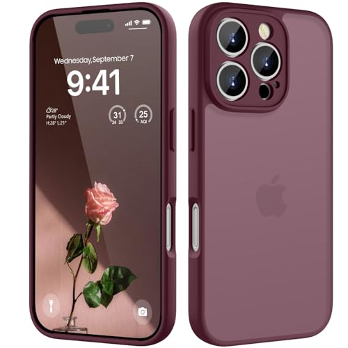 KPPIT for iPhone 16 Pro Max case Shockproof Military Grade Drop Protection Frosted Translucent for iPhone 16 Pro Max Phone case-Wine Red