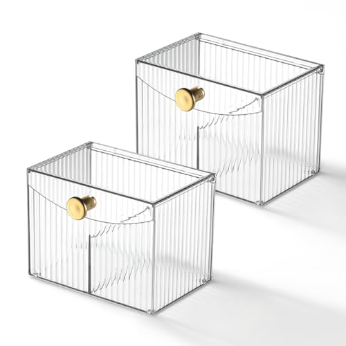 Image of KiZY Cotton Swab Holders, Acrylic Cotton Pad Holder, Qtip Holder with Lid, for Bathroom Canister Storage Organization, Vanity Cosmetic Makeup Organizer (Transparent Pack-2, A)