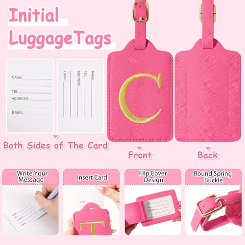 Image of Initial Luggage Tags for Suitcases, Cute Embroidered Letter Luggage Bag Suitcase Identifier Name Baggage Tag, PU Leather Travel Luggage Tags, Bag Tags for Men Women Kids Luggage Handbags(Rosered C)