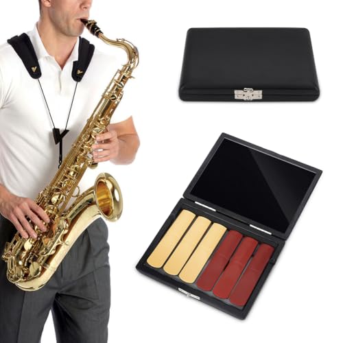Saxophone Reeds Case, Clarinet Reed Container Box Waterproof Reed Guard Storage Case PU Leather Cover Traditional Glass Combination Musical Instrument Accessories for Alto Tenor Soprano Holds 6pcs - Thumbnail 2