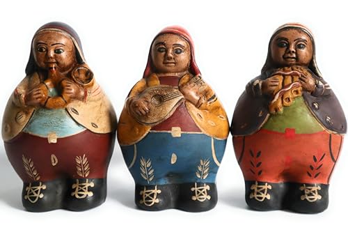 Peruvian Pottery Chulucanas Ceramic Vintage Circa 1980 Andean Musicians with Traditional Musical Instruments 6.5 Inch Tall Set of 3 Pieces