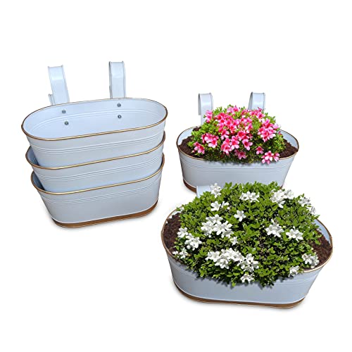 IndoDec Metal Planter Railing Planters Pot Plant Container Oval Planters Home Gardening Hanging/Table-Top Planter Gamla for Balcony Set of 5 White