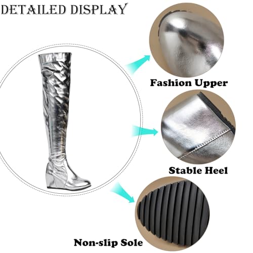 Women's Patent Leather Ruched Stretch Wedge Over the Knee Boots Fashion Comfortable Fall Winter Round Toe Side Zipper Pull On Pleated Dressy Thigh High Boots3