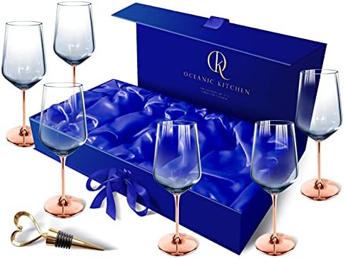 Oceanic Kitchen Wine Glasses Set of 6 – Stemmed Wine Glasses for Red and White Wine – Modern Wine Glasses with Rose Gold Stem – Premium Glassware Set with Wine Bottle Stopper for Wedding, Party