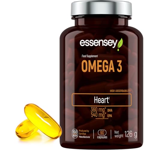 Essensey Omega 3 Fish Oil Capsules with DHA, EPA & Vitamin E - 90 Softgels for Brain Heart & Eye Health - Essential Fatty Acids Supplement