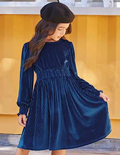 Arshiner Girls Long Sleeve Dress Velvet Crew Neck Midi Fall Vintage Plain Dress for Kids 4-13Y4