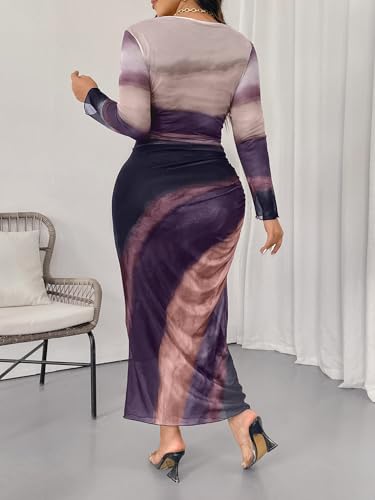 Milumia Women's Plus Size Tie Dye Ruched Bodycon Maxi Dress Long Sleeve Mesh Dresses2