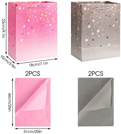 2 Pack Gift Bag, Medium Size Present Bag with 4 Tissue Paper Gift Bags for Birthday Party 18 X 23 X 10 cm (Pink, Grey)
