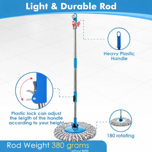 Image of Mr.Mop 360 Spin Universal Blue Stick Rod with 2 Microfibre Grey Refills - Magical Extendable Handle Pocha for Floor Cleaning
