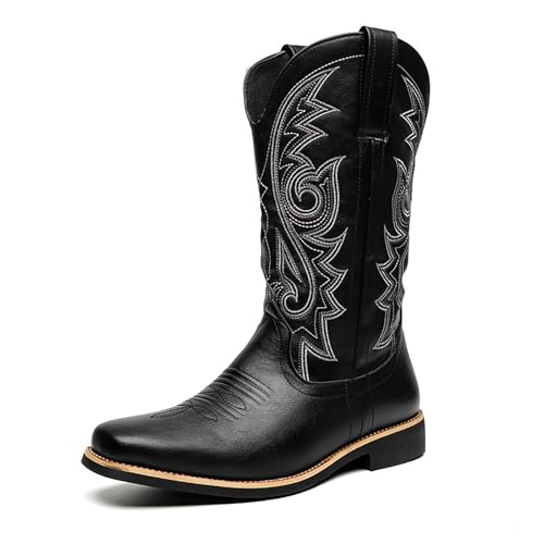 Men'S Leather Round Toe Block Heel Cowboy Boots Classic Embroidered Slip On Chunky Heel Men'S Western Mid Calf Boots - Main Image