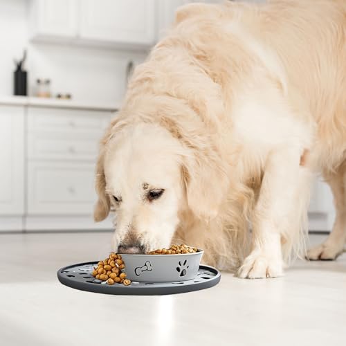 Silicone Dog Food Mat,Silicone Pet Food Mat Cat,Rubber for Dog Bowls Mats for Food and Water Bowl Feeding Round Paw Print（1 Pcs，Gray） - Thumbnail 6