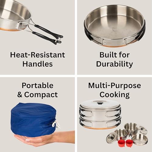 Image of 7 Piece Camp Cooking Set, 304 Stainless Steel Camping Cookware with Pot and Frying Pan Kit 2 Set Plastic Cups for Camping, Backpacking, Outdoor Cooking and Picnic