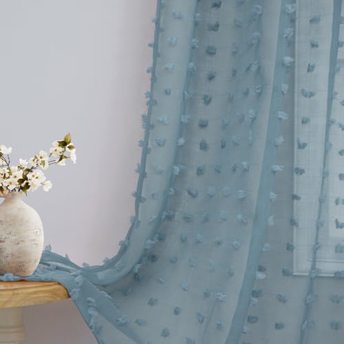 Image of Dusty Blue Sheer Curtains for Bedroom 84 Inch Length Pom Pom Design Country Chic Vintage Farmhouse Boho Semi Sheer Curtain for Living Room Girls Boys Kids Room Stone Blue 52 by 84 Inches Long Back Tab