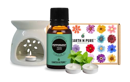 Image of Earth N Pure Ceramic Diffuser Burner with 10Ml Peppermint Essential Oil | 2 Tea Light Candles | Perfect for Gift Set