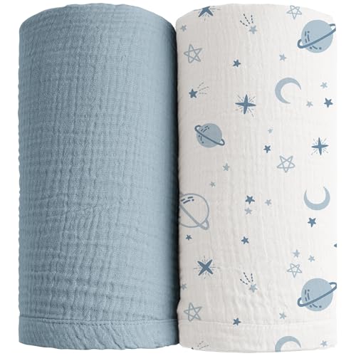 Image of Konssy Muslin Swaddle Blankets for Boys Girls, 2 Pack Receiving Baby Blanket Large 47 x 47 inches, Soft Breathable Swaddling Wrap for Unisex Newborn (Star,Blue)