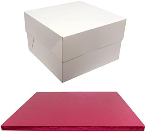 Square Coloured Drum Cake Board and White Transporting Box (Cerise, 10 Inch)