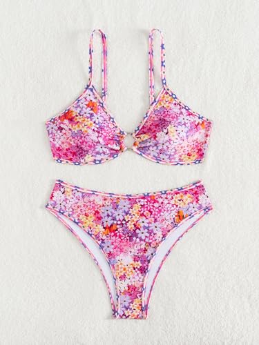 Image of Fanuerg Women's Triangle Bikini Sets O Ring Linked Two Piece Swimsuits Floral Printed Cheeky Bathing Suit