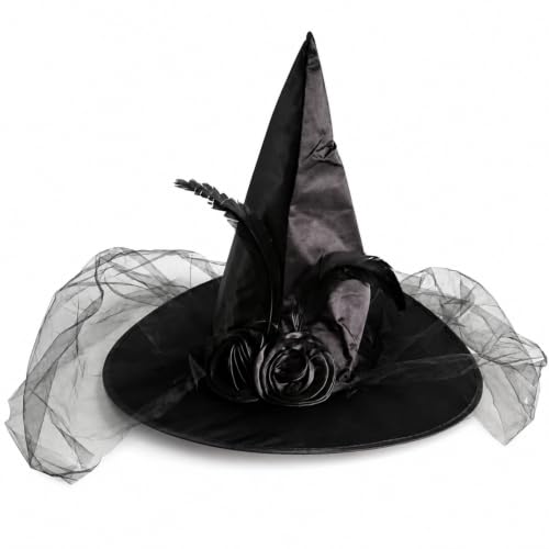LJalin Chapeau de sorcière pour Halloween, accessoire de sorcière en velours noir avec roses et plumes, chapeau de sorcière pour fête d'Halloween, carnaval, fête à thème, cosplay