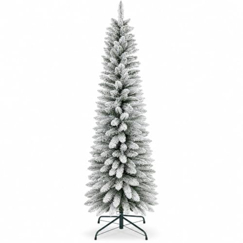 iCapeson 6FT Flocked Pencil Christmas Tree, Slim Artificial Christmas Tree with 358 Branch Tips, Snowy Holiday Tree with Metal Stand for Small Spaces, Home, Office and Christmas Decor