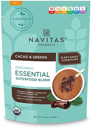 Navitas Organics Essential Superfood Protein Blend, Cacao & Greens, 8.8 oz, Bag, 10 Servings â Organic, Non-GMO, Gluten-Free, Plant-Based Protein
