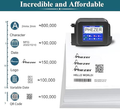 Phezer PC12 휴대용 미니 휴대용 잉크젯 프린터 12.7mm/0.5인치 높이 QRCode 바코드 날짜 시간 로고 번호 인쇄 유리 상자에 나무 천 플라스틱, 25개 언어 (PC12) — 사진 3