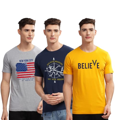 Image of ADRO 100% Cotton Lycra Tshirts for Men Combo Pack of 3 | Regular Fit | Printed T Shirt | Round Neck Half Sleeve| Mens Tshirts